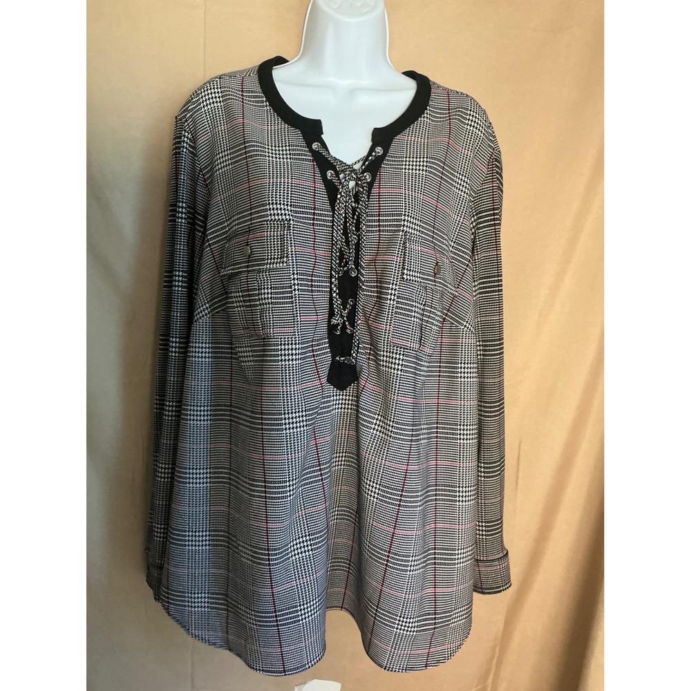 Nygard Plaid Tunic Blouse Womens 3X Black White Red Excellent Lace Up Roll Tab